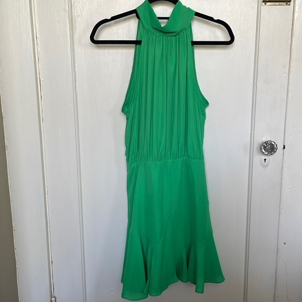Do + Be green mini ruffle tie neck dress